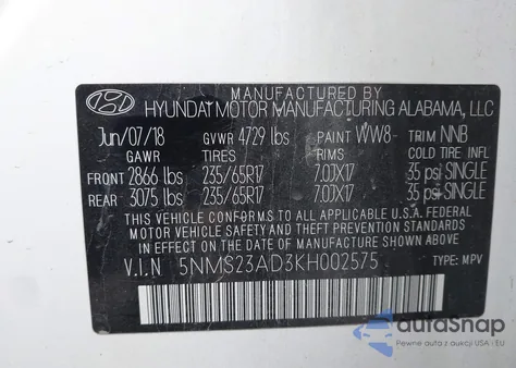 2019 Hyundai Santa Fe Se from USA, damaged, VIN 5NMS23AD3KH002575